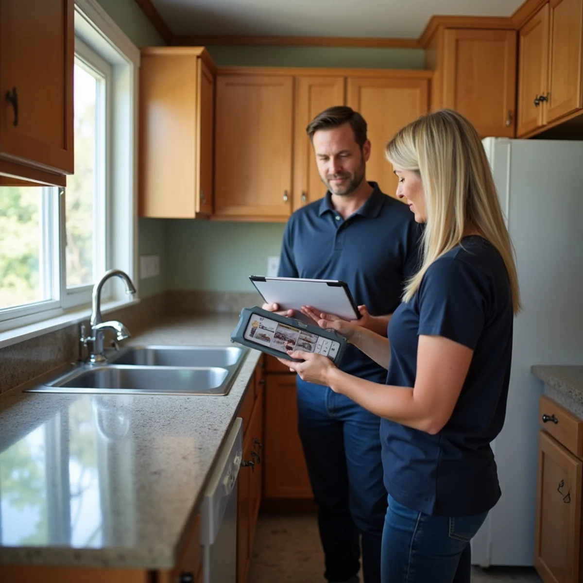 Insurance adjuster and homeowner reviewing moisture readings beside a water-damaged kitchen wall in a Huntersville, NC subdivision home